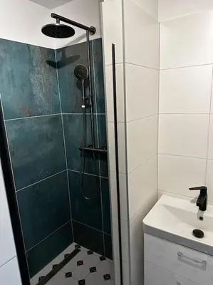 a bathroom with a shower and a sink at Byt v rezidenční čtvrti Prahy 6 in Prague
