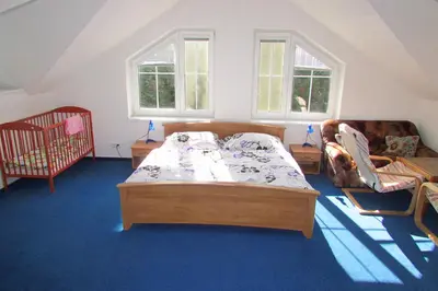 a bedroom with a bed and a couch and two windows at Wellness Villa Vranov 55 in Čerčany