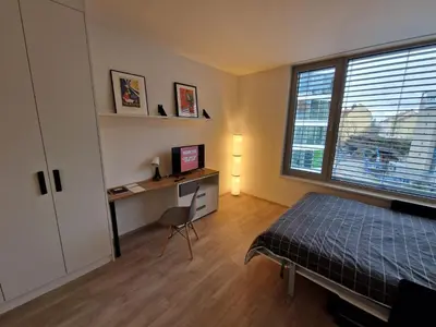 a bedroom with a bed and a desk and a window at Prague City Center Apartment in Prague