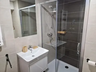 a bathroom with a shower and a sink at Prague City Center Apartment in Prague