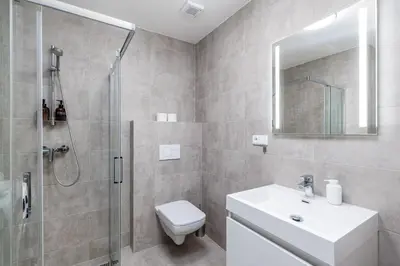 a bathroom with a shower and a toilet and a sink at Apartment Cimburkova in Prague
