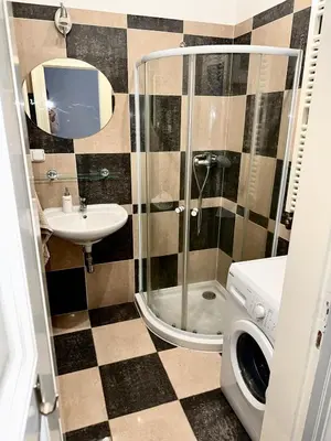 a bathroom with a shower and a sink and a toilet at Slezska Apartments in Prague
