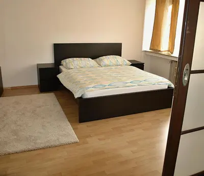 a bedroom with a bed and a rug at Apartments Tronicek in Prague