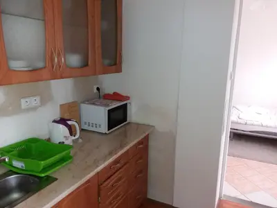 a kitchen with a counter top with a microwave at Apartments Tronicek in Prague