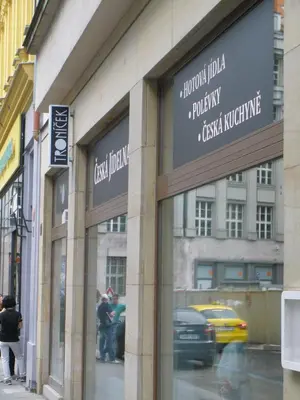 a store window with people walking in the street at Apartments Tronicek in Prague