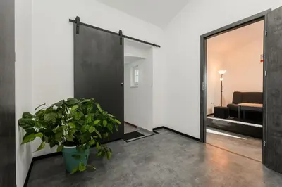 a room with a mirror and a potted plant at Apartmány Modřany in Prague