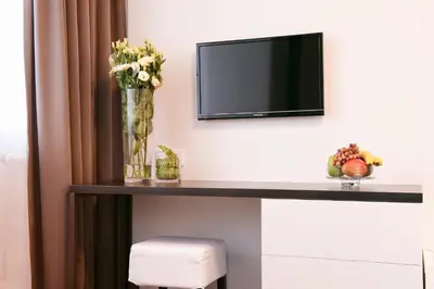 a table with a vase of flowers and a tv at Villa na Vinici in Prague