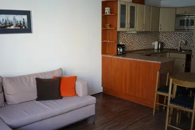 a living room with a couch and a kitchen at K-14 Apartment in Prague
