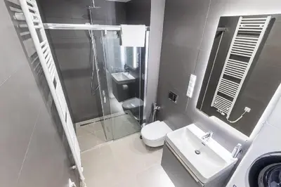 a bathroom with a shower and a toilet and a sink at Apartment 4 Room, 2 Bath, Parking in Prague