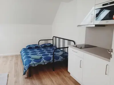 a bedroom with a bed with a blue comforter at Apartment Prague city center - next to Florenc in Prague