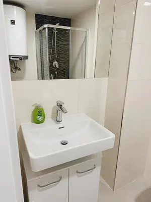 a bathroom with a white sink and a mirror at Apartment Prague city center - next to Florenc in Prague