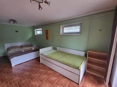 two beds in a room with green walls at Ubytování na kopečku in Beroun
