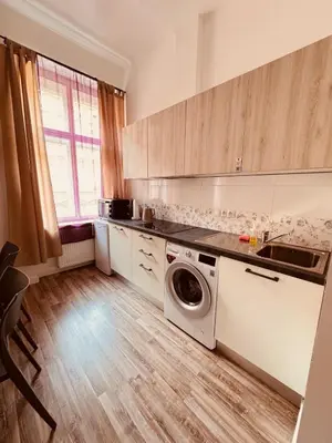 a kitchen with a washing machine and a sink at Arbes 12 in Prague
