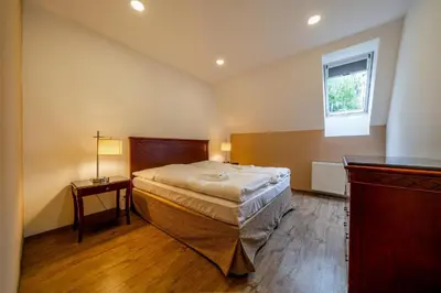 a bedroom with a large bed and a window at Villa Mandát in Šlemín