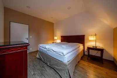 a bedroom with a bed and a flat screen tv at Villa Mandát in Šlemín