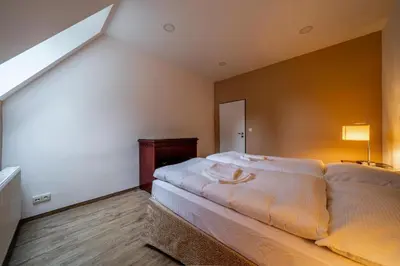 a bedroom with a large bed in a room at Villa Mandát in Šlemín