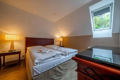 a bedroom with a bed and a desk and a window at Villa Mandát in Šlemín