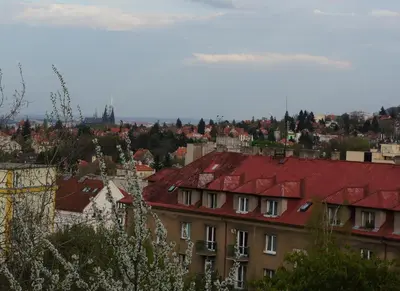 a view of a city with a red roof at Jana's WoW apt, 2BR, Metro next door, near the airport in Prague