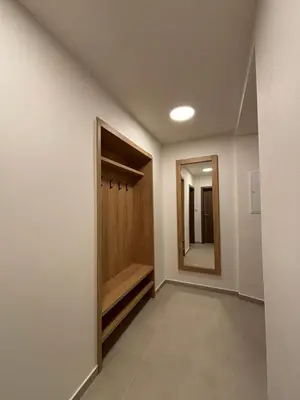 a hallway with a walk in closet and a mirror at Penzion Apartmány Resident in Poděbrady