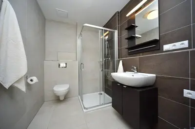 a bathroom with a shower and a sink and a toilet at Appartment Waltrovka, free parking in Prague