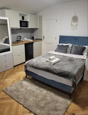 a bedroom with a large bed and a kitchen at Apartment Prague Center in Prague