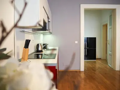 a kitchen with a counter top and a refrigerator at Havelska Old Town Residence in Prague