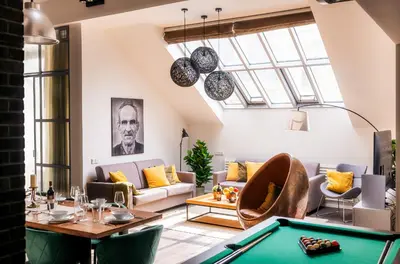 a living room with a pool table at 5BR+2Bath Old Town Loft Luxe Brickhouse, A/C in Prague