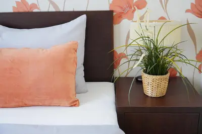 a bed with an orange pillow and a plant on a nightstand at Elegant & Stylish Center Apartments! in Prague