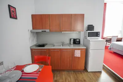 a small kitchen with a sink and a refrigerator at Elegant & Stylish Center Apartments! in Prague