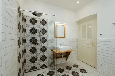 a bathroom with a sink and a glass shower at Dream blue in city centreWenceslas Sq in walk in Prague