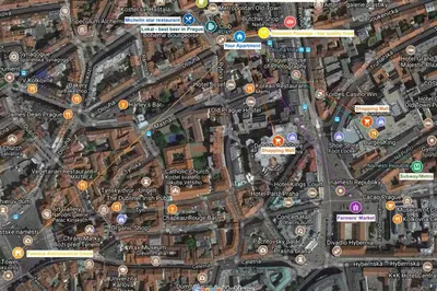 a map of a city with many buildings at Quiet city center apartment in hip & foodie area in Prague