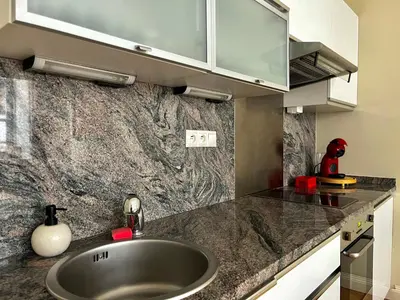 a kitchen with a sink and a counter top at Chic Prague Apartment in Prague