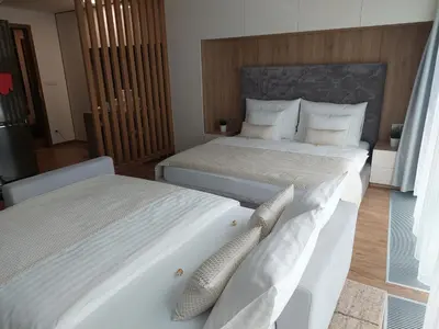a bedroom with two beds with white sheets and pillows at Luxury & air-conditioned Osko Apartment near the city center in Prague