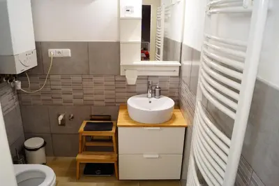 a small bathroom with a sink and a toilet at U Koniáše in Litoměřice