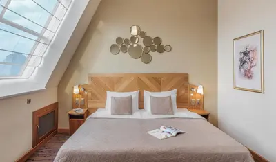 a bedroom with a bed and a skylight at Crown Palace Apartments by Adrez in Prague
