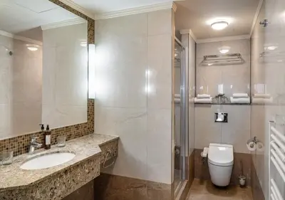 a bathroom with a sink and a toilet and a shower at Crown Palace Apartments by Adrez in Prague