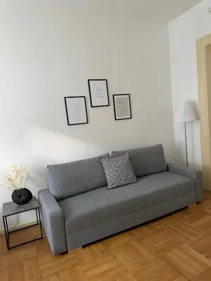 a gray couch in a living room with pictures on the wall at Byt ve městě Praha 2 in Prague