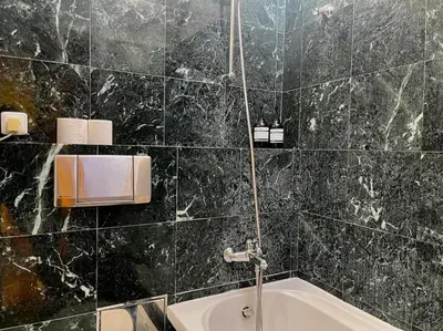 a black tiled bathroom with a tub and a shower at Old Town Prague Apartment in Prague