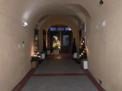 a hallway with christmas trees and lights in a building at Apartmány na Náměstí in Český Brod