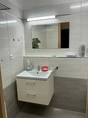 a bathroom with a sink and a mirror at Apartmány na Náměstí in Český Brod