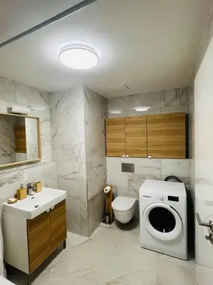 a bathroom with a toilet sink and a washing machine at Nika Apartments Prague 5 in Prague
