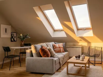 a living room with a couch and skylights at TurnKey I Karlín Square Apartments in Prague