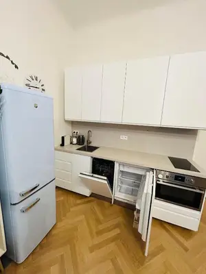 a kitchen with white cabinets and a refrigerator at River Site Apartment Janáčkovo nábřeží 27 in Prague