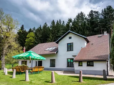 a house with a table and a green umbrella at Holiday Home Malovidy by Interhome in Rataje nad Sázavou