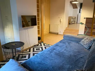 a living room with a blue bed and a television at Cozy Garden Apartment in the heart of Prague in Prague