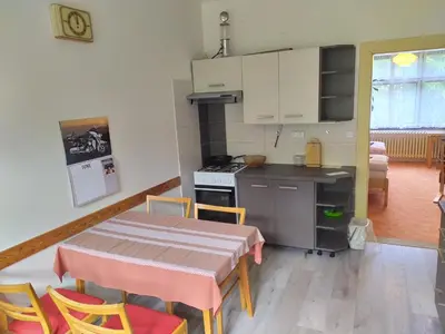 a kitchen and dining room with a table and chairs at Pension 21 in Prague