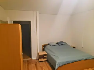 a bedroom with a bed in a room with a door at LEV I SOVA in Mělník