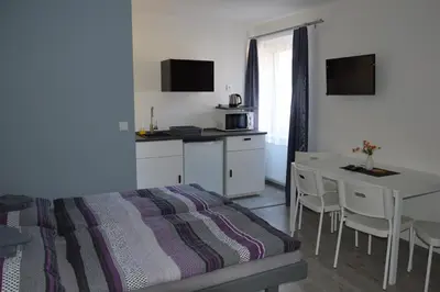 a bedroom with a bed and a table and a kitchen at Penzion Kamejk in Kamýk nad Vltavou