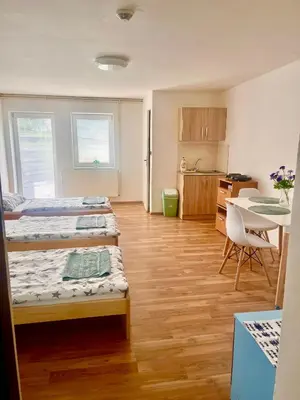 a room with three beds and a table and a kitchen at Ubytování na venkově Církvice in Zásmuky
