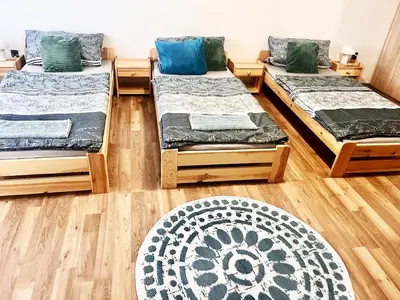 three beds in a room with a rug at Ubytování na venkově Církvice in Zásmuky